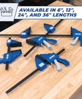 Gnarly Quick Grip Bar Clamps 12 Inch Heavy Duty Woodworking Tool 300 Lb Capacity GripMaxx Tech shown in various lengths on a workbench.