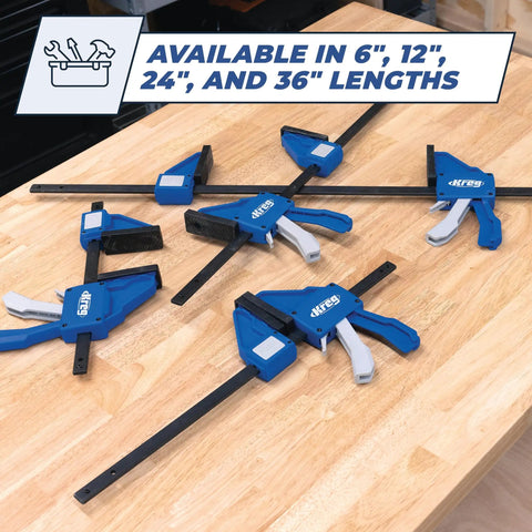 Gnarly Quick Grip Bar Clamps 12 Inch Heavy Duty Woodworking Tool 300 Lb Capacity GripMaxx Tech shown in various lengths on a workbench.