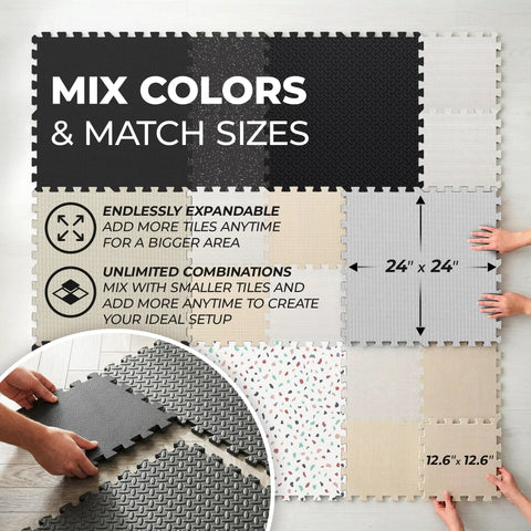 Image displaying Interlocking Foam Gym Mats Set With Edge Pieces For Full Floor Protection, 12 tiles, various colors and sizes.