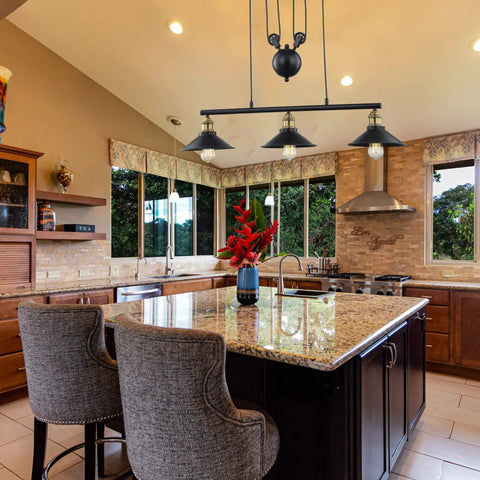 Three Light Pulley Pendant Light For Kitchen Island And Dining Room, Lit Industrial Farmhouse Chandelier over kitchen island