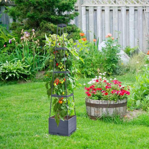 4 Tier Tomato Planter With Box Trellis, 56 Inch Raised Garden Bed Boxes, Climbing Plant Cages in outdoor garden setting.