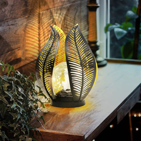 Solar Garden Lights Dope Waterproof Decor Crackle Globe Glass With Metal Palm Leaf Design for tabletop, glowing indoors