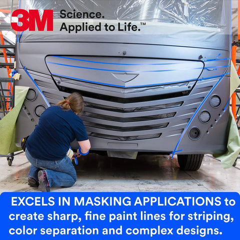 Person applying Indigo Fine Line Vinyl Tape 471 Plus One Quarter Inch By 36 Yd High Temp Masking Tape for precise paint lines on vehicle.