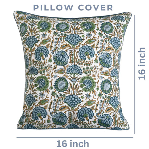 Block Print Asparagus Green Pillow Covers 16x16 Set of 2, 16-inch cotton floral pillow cover