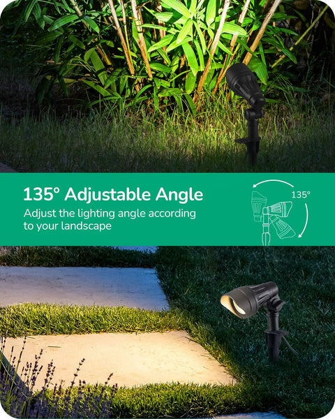 Low Voltage LED Landscape Lights 4 Pack, 3.2W 240LM, 3000K, illuminating a garden pathway with 135° adjustable angle, waterproof spotlight.
