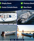 Various boats including dinghy, pontoon, center console, and bass boats on water with Three Eighths Inch Barb Female Fuel Line Tank End Connector For Mercury Outboards Post 1998 Direct Replacement For OE 22-13563A6 22-13563Q7 22-13563T7 Marine Fuel System Fitting suitable models