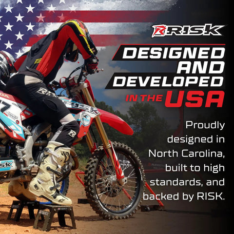 Motorcyclist on dirt bike using adjustable top magnetic motocross and dirt bike stand with universal fit, USA flag background.