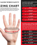 Glove sizing chart with hand illustration showing palm width and circumference methods for various glove sizes by Salon World Safety.