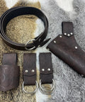 Medieval Belt Accessory Set 5 Piece For Renaissance Costumes With Viking Horn Belt Holster Dagger Holster Sword Frog Brown