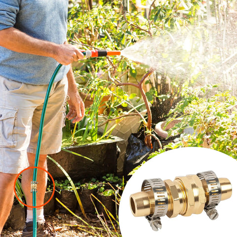 Person using garden hose with Garden Hose Repair Connector Kit With Clamps For Three Quarter Or Five Eighth Inch Aluminum Hoses