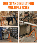 Built Tough Heavy Duty Folding Roller Stand 2 Pack With Adjustable Height using for table saw and planer, demonstrates versatile support.