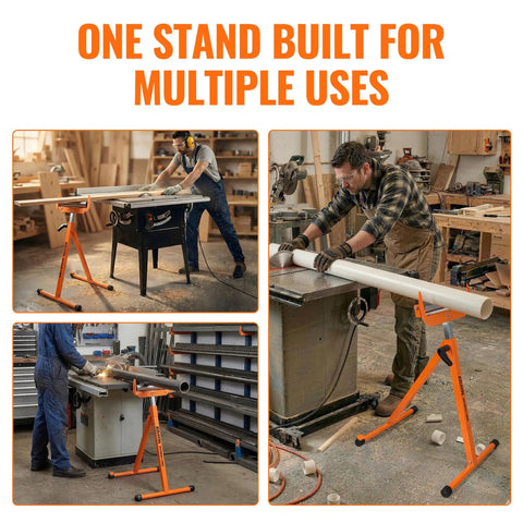 Built Tough Heavy Duty Folding Roller Stand 2 Pack With Adjustable Height using for table saw and planer, demonstrates versatile support.