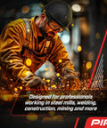Worker in steel mill wearing WolfJaw Fiberglass Full Brim Hard Hat With Wheel Ratchet For All Day Comfort ANSI Z89.1 Type 1