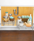 Knockout Kitchen Pull Out Cabinet Organizer With Heavy Duty Commercial Glide System, chromed wire shelves with organized containers.