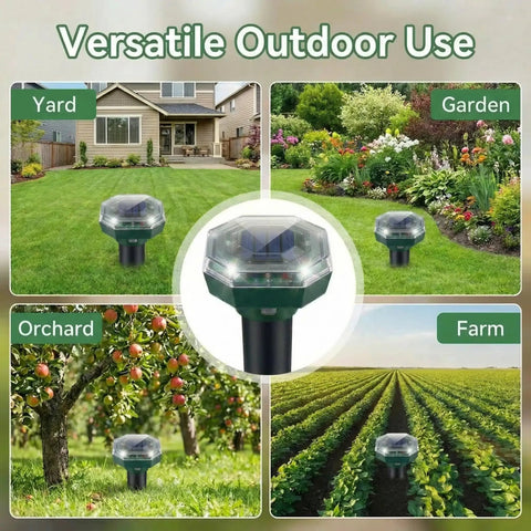Solar Powered Ultrasonic Mole And Gopher Repeller Pack Of Four Waterproof Outdoor Pest Deterrents in various garden settings