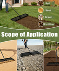 Workhorse Lawn Leveling Rake With A 30 Inch By 10 Inch Stainless Steel Head And 6 Foot Handle used for soil and sand leveling