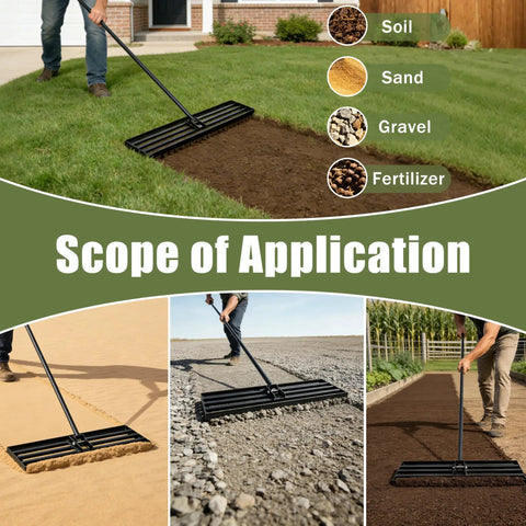 Workhorse Lawn Leveling Rake With A 30 Inch By 10 Inch Stainless Steel Head And 6 Foot Handle used for soil and sand leveling