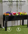Galvanized Raised Garden Bed With Legs For Outdoor Use, Elevated Planter Box 48x18x30 Inches, black, filled with colorful flowers