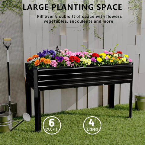 Galvanized Raised Garden Bed With Legs For Outdoor Use, Elevated Planter Box 48x18x30 Inches, black, filled with colorful flowers