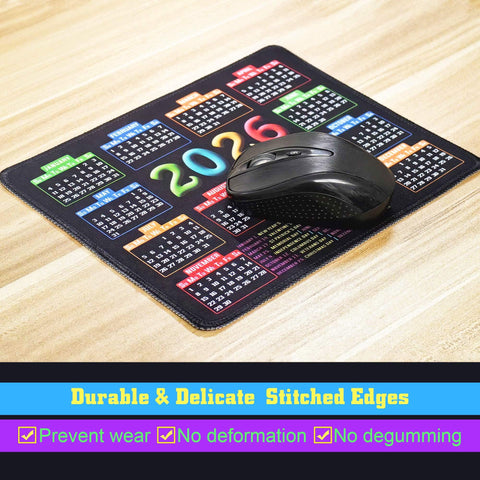 Stitched Edge Slick Mouse Pad With Non Slip Rubber Base For Computers And Laptops, 9.6 x 7.9 Inch 0.1 Inch Thick Black Calendar Edition 2026