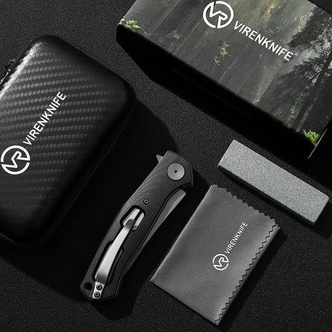 Folding Pocket Knife With 3.23 Inch Stainless Steel Blade And G10 Handle Pocket Clip EDC Knife displayed with accessories