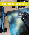 Premium Six Foot Nylon Braided Airbrush Hose Pairing Dual Threaded Adapters for Paasche airbrush in use on artwork.