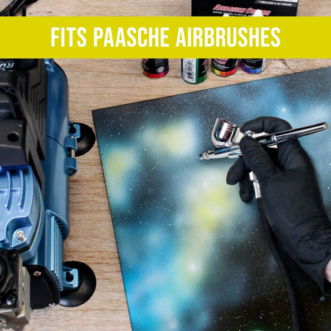 Premium Six Foot Nylon Braided Airbrush Hose Pairing Dual Threaded Adapters for Paasche airbrush in use on artwork.