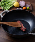 Three Piece Acacia Wood Spatula Set For Cooking, Teethed Pasta Spoon And Spaghetti Fork, nonstick spatula with steak in pan