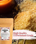 Straight Up Pure Carnauba Wax Flakes For Smooth Skin Care And Lip Balm Making Real Deal Vegan Candle Wax With Leather And Wood Finish Must Have DIY Staples Eight Ounce Bag in a measuring scoop next to packaged wax.