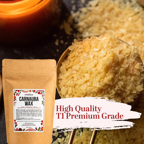 Straight Up Pure Carnauba Wax Flakes For Smooth Skin Care And Lip Balm Making Real Deal Vegan Candle Wax With Leather And Wood Finish Must Have DIY Staples Eight Ounce Bag in a measuring scoop next to packaged wax.