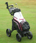 Four Wheel Golf Push Cart With Cup Holder And Umbrella Holder One Click Folding Height Adjustable Handle Lightweight Foldable Golf Pull Cart For Easy Car Trunk Storage, black on grass