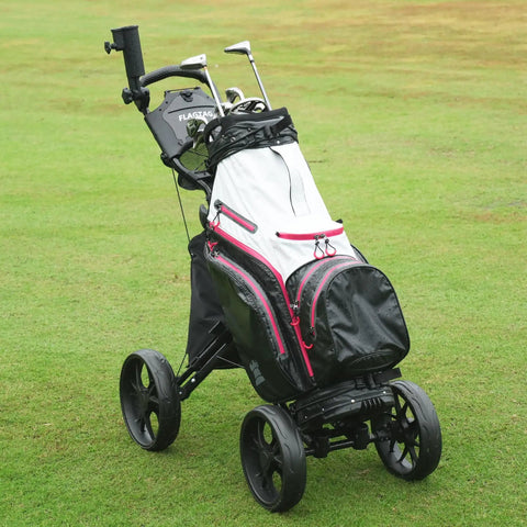 Four Wheel Golf Push Cart With Cup Holder And Umbrella Holder One Click Folding Height Adjustable Handle Lightweight Foldable Golf Pull Cart For Easy Car Trunk Storage, black on grass