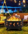 Round 30 Inch Fire Pit For Outdoor Wood Burning With Spark Screen And Poker Celestial Stars And Moon Cutouts Patio