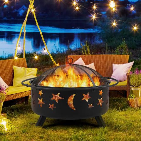 Round 30 Inch Fire Pit For Outdoor Wood Burning With Spark Screen And Poker Celestial Stars And Moon Cutouts Patio