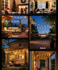 100Ft Outdoor String Lights With Remote Dimmable And Connectable Warm White LED Patio Lighting in various settings like patio and deck.