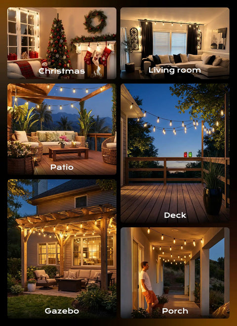 100Ft Outdoor String Lights With Remote Dimmable And Connectable Warm White LED Patio Lighting in various settings like patio and deck.