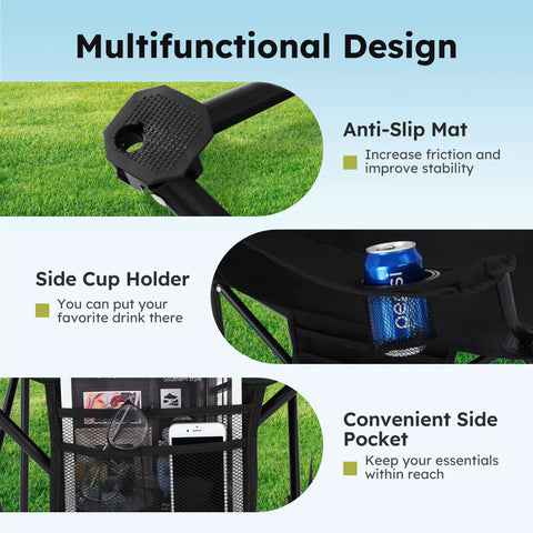 Features of Heavy Duty Folding Chairs With Built In 4 Can Cooler Bag And Cup Holders, showcasing anti-slip mat, cup holder, side pocket.