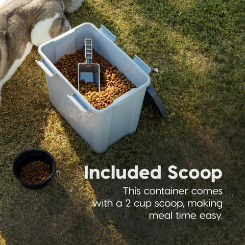 Stackable Dog Food Storage Container With Airtight Gasket Seal And Four Latches Keeps Your Pet Chow Fresh Holds Up To 30 Lbs Of Dry Food Includes 2 Cup Scoop And Easy Measure Lid BPA Free Gray