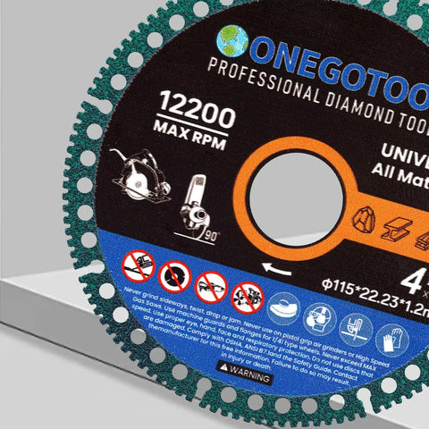 Close-up view of ONEGOTOOL 4-1/2 inch diamond cutting disc for angle grinder; 7/8 inch arbor, orange hub.