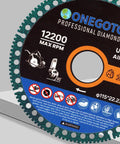 Close-up of a 4.5 in indestructible diamond cutting disc for angle grinder, showing max RPM and warnings