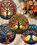 Diamond Art Coasters 8 Pack With Holder For Adults DIY Diamond Painting Coaster Kit 4X4 Inches Trees Design displayed in circle