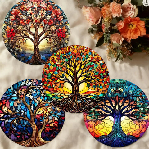 Diamond Art Coasters 8 Pack With Holder For Adults DIY Diamond Painting Coaster Kit 4X4 Inches Trees Design displayed in circle