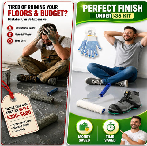 Spiked Roller Kit For Self Leveling Compound And Epoxy Floors, 9 Inch Roller With man using roller, gloves, and spike shoes