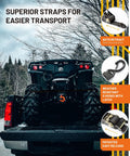 Heavy Duty Retractable Ratchet Straps 5000 Lbs Breaking Strength 2 Inch By 12 Foot securing an ATV in a truck bed with S hooks.