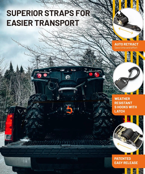 Heavy Duty Retractable Ratchet Straps 5000 Lbs Breaking Strength 2 Inch By 12 Foot securing an ATV in a truck bed with S hooks.