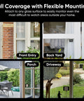 No Sweat Window Mount Security Cam With HD WiFi Live Streaming And Rock Solid Color Night Vision For Slick Home Protection and Smart AI Motion Detection That Plays Nice With Alexa And Google Home mounted at front entry, backyard, porch, and driveway.