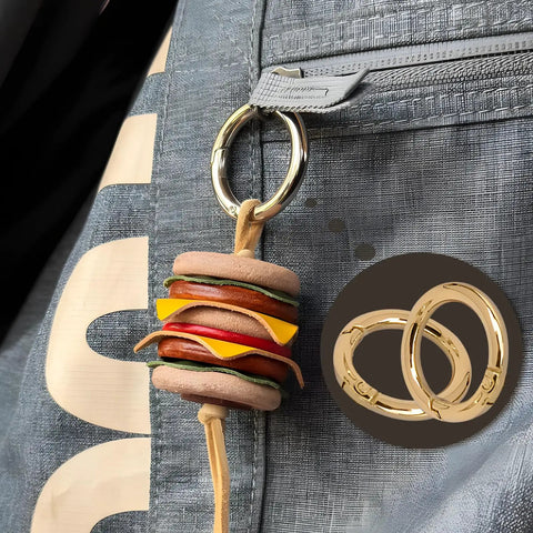 10 Pack Mini Gold Key Ring Carabiners 0.8 Inch 19mm in use on backpack with burger keychain, round metal carabiner clip.