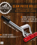 Heavy Duty Seam Press Roller Extendable From 17 To 27 Inches For Laminate Vinyl Carpet Tile And Linoleum Floors Quick Easy Floor And Wall Covering Install No Brainer displayed against a wooden background with product features highlighted.