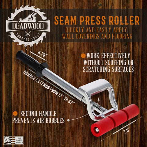 Heavy Duty Seam Press Roller Extendable From 17 To 27 Inches For Laminate Vinyl Carpet Tile And Linoleum Floors Quick Easy Floor And Wall Covering Install No Brainer displayed against a wooden background with product features highlighted.