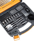 Amazon Basics 100-piece alloy steel drill and driver bit set in orange and black storage case.